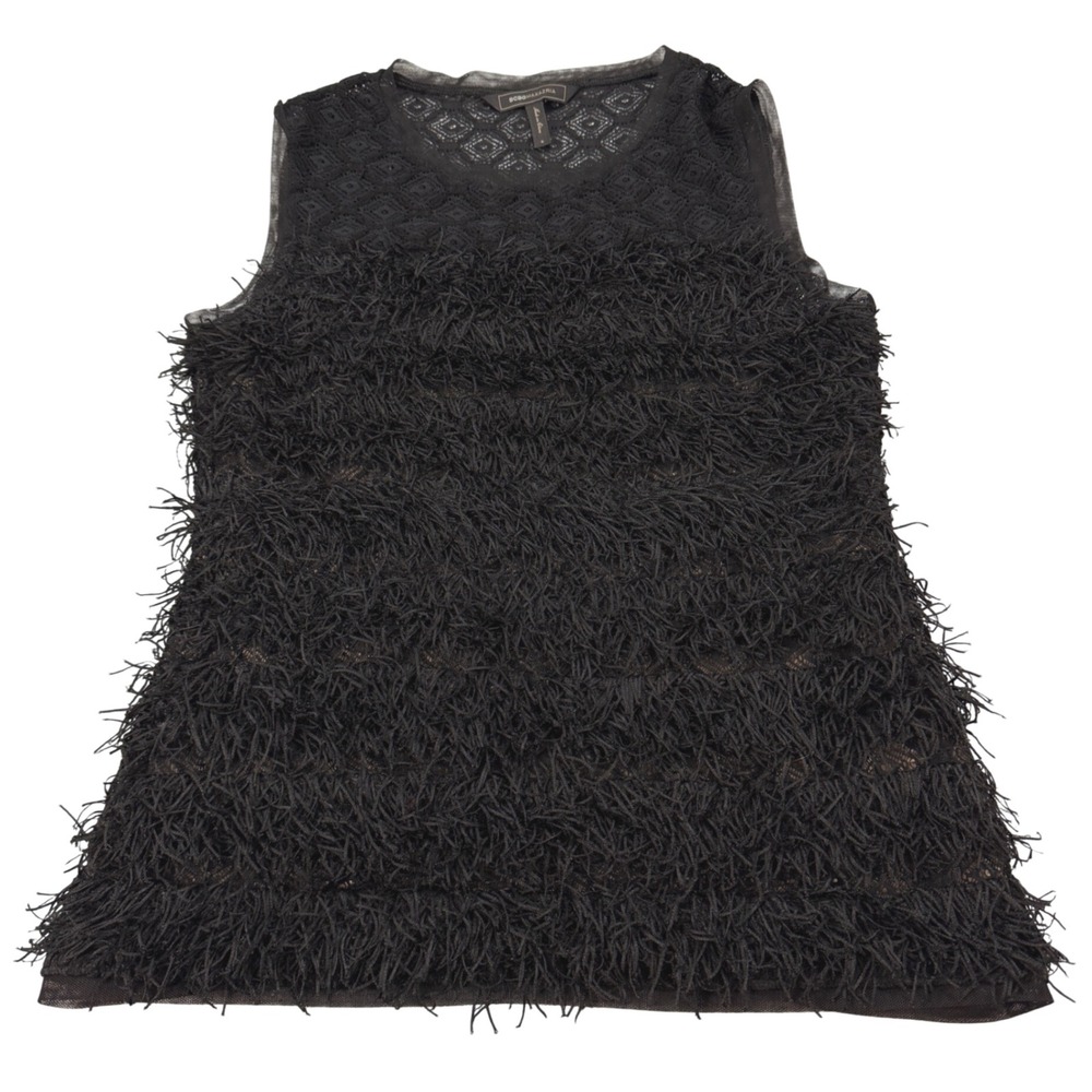 BCBGMAXAZRIA Black Fringe Lace Sleeveless Top Nude‎ Lining Size S